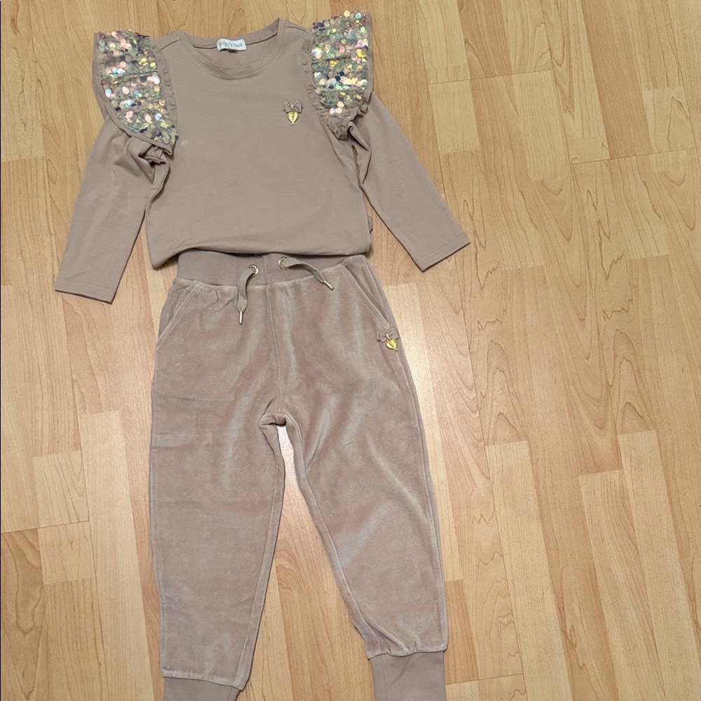 Kids Sequin Shoulder Matching Set in Taupe
